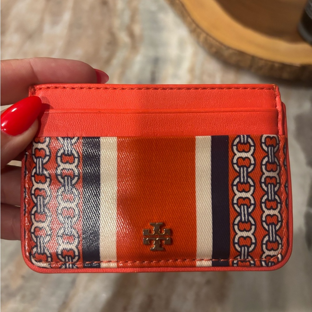 Tory Burch Vibrant Orange Card Holder with Chain Design